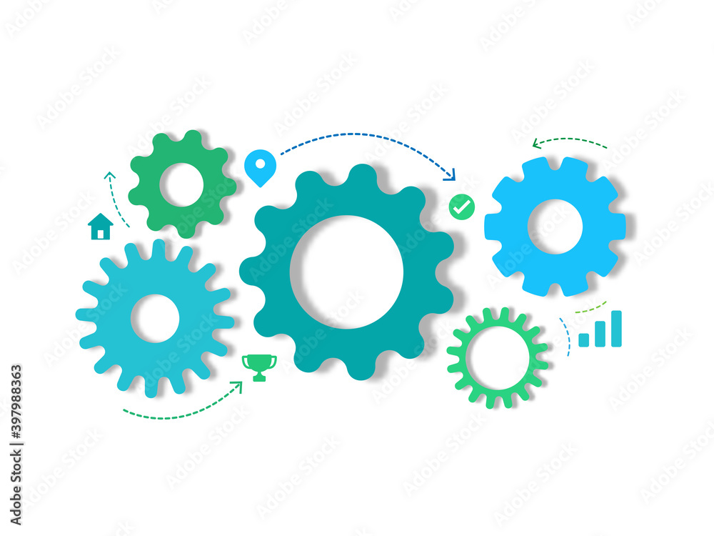 Connected gears and icons for strategy,network,service,digital,service,comunication business. Collaboration teamwork with rotation cogwheel mechanical system concept flat design,vector illustration. Connected gears and icons for strategy,network,service,digital,service,comunication business. Collaboration teamwork with rotation cogwheel mechanical system concept flat design,vector illustration.