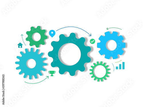 Connected gears and icons for strategy,network,service,digital,service,comunication business. Collaboration teamwork with rotation cogwheel mechanical system concept flat design,vector illustration.