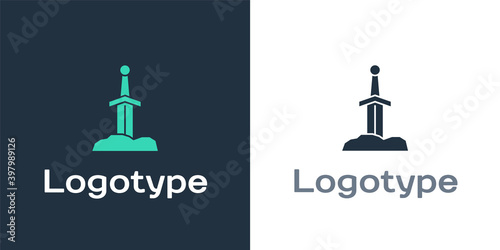 Logotype Sword in the stone icon isolated on white background. Excalibur the sword in the stone from the Arthurian legends. Logo design template element. Vector.