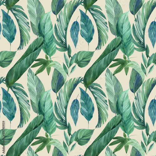 Tropical green leaves seamless patterns. Exotic wallpaper