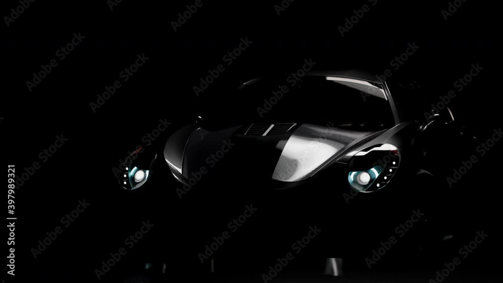 Black custom car and light from above. Car animation, 3D Render.