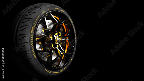 Car alloy wheel with modern Brake Disc and Calliper carbon fiber. 3D render.
