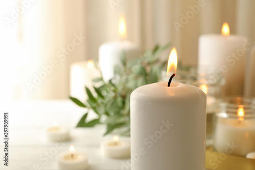 Burning scented candles for relax, space for text