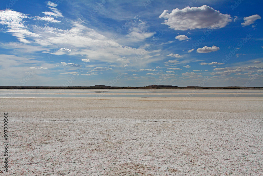 Beautiful view of salt lake Baskunchak in Astrakhan region