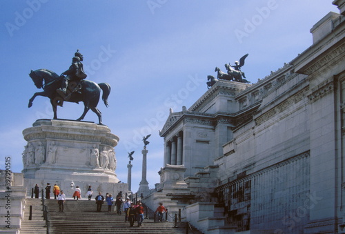 View of Victor Emmanuel II Monument under blue sky at Piazza Venezia, Rome, Italy.