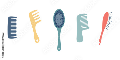 A set of combs. Various shapes and colors. Vector flat style on a white background