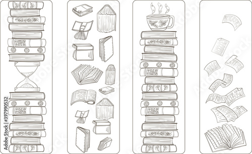 Set of four bookmarks with black and white doodle art with books.