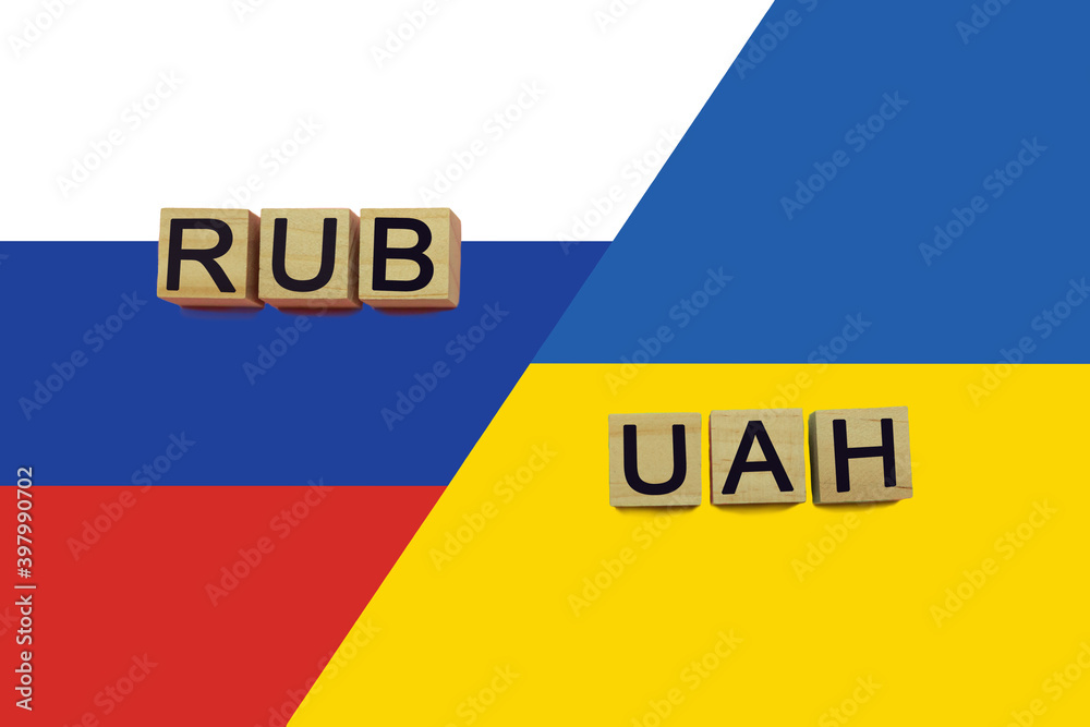 Russia and Ukraine currencies codes on national flags background