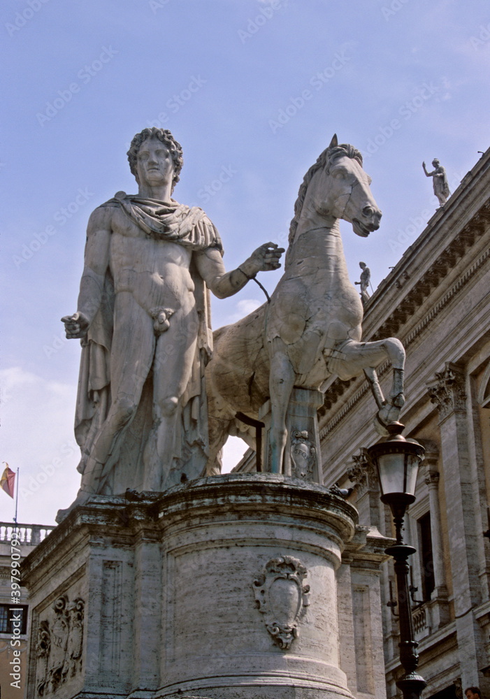 View of Marble statues of the Dioscuri, Castor and Pollux  on the top of Capitoline Hill and Piazza del Campidoglio at Rome, Italy.