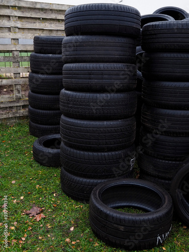 Warehouse of old tires from a car