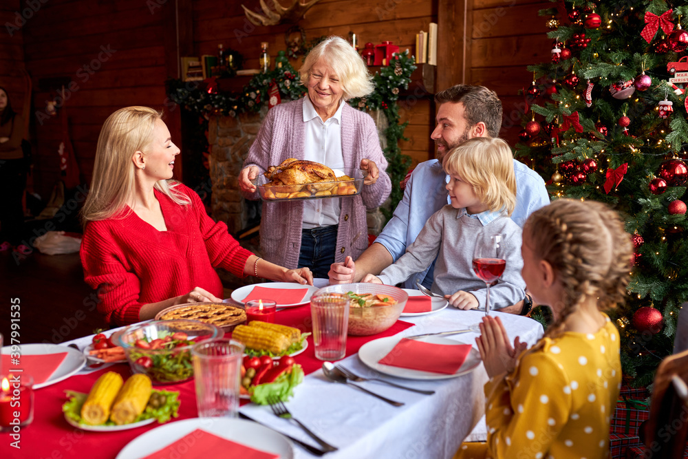 adorable grandmother bring prepared chicken for family behind christmas table, going to have meal together, enjoy holiday adorable grandmother bring prepared chicken for family behind christmas table, going to have meal together, enjoy holiday