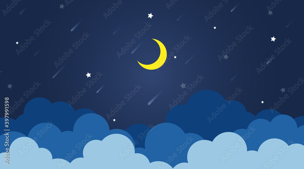 Dark blue night sky clouds landscape with the moon and star background vector illustration.