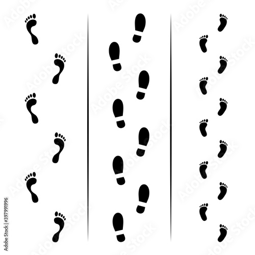 Footprint icon. Baby foot prints on black background. Vector illustration