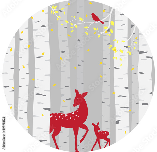 Birch Tree with deer and birds Silhouette Background for wallpaper sticker