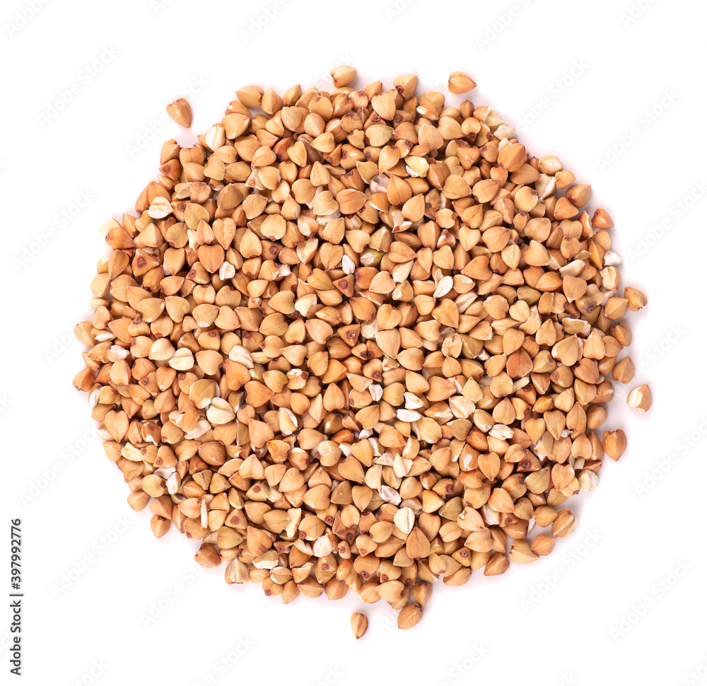 Buckwheat groats isolated on white background. Green buckwheat seeds. Top view. Buckwheat groats isolated on white background. Green buckwheat seeds. Top view.