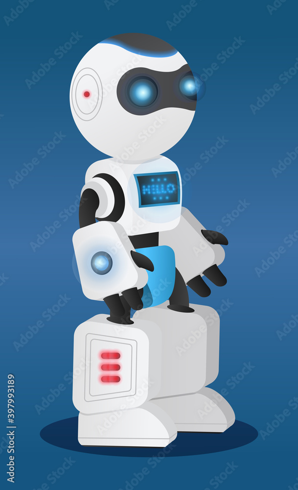 Naklejka premium White robot vector illustration standing full length on blue background. Science machine in human body form with electronic computer control. Cyborg character alien humanoid with luminous elements