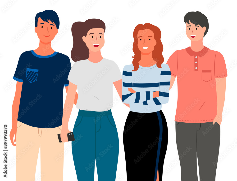Obraz premium Young people in casual clothes isolated on white background. Friends guy and girl, couple in love. Smiling man and woman standing straight. Married couple husband and wife. Colleagues portrait