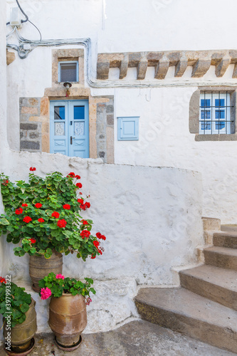 Colorful street of Chora Village in Patmos Island