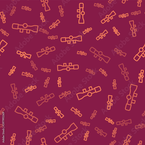 Brown line Sniper optical sight icon isolated seamless pattern on red background. Sniper scope crosshairs. Vector.