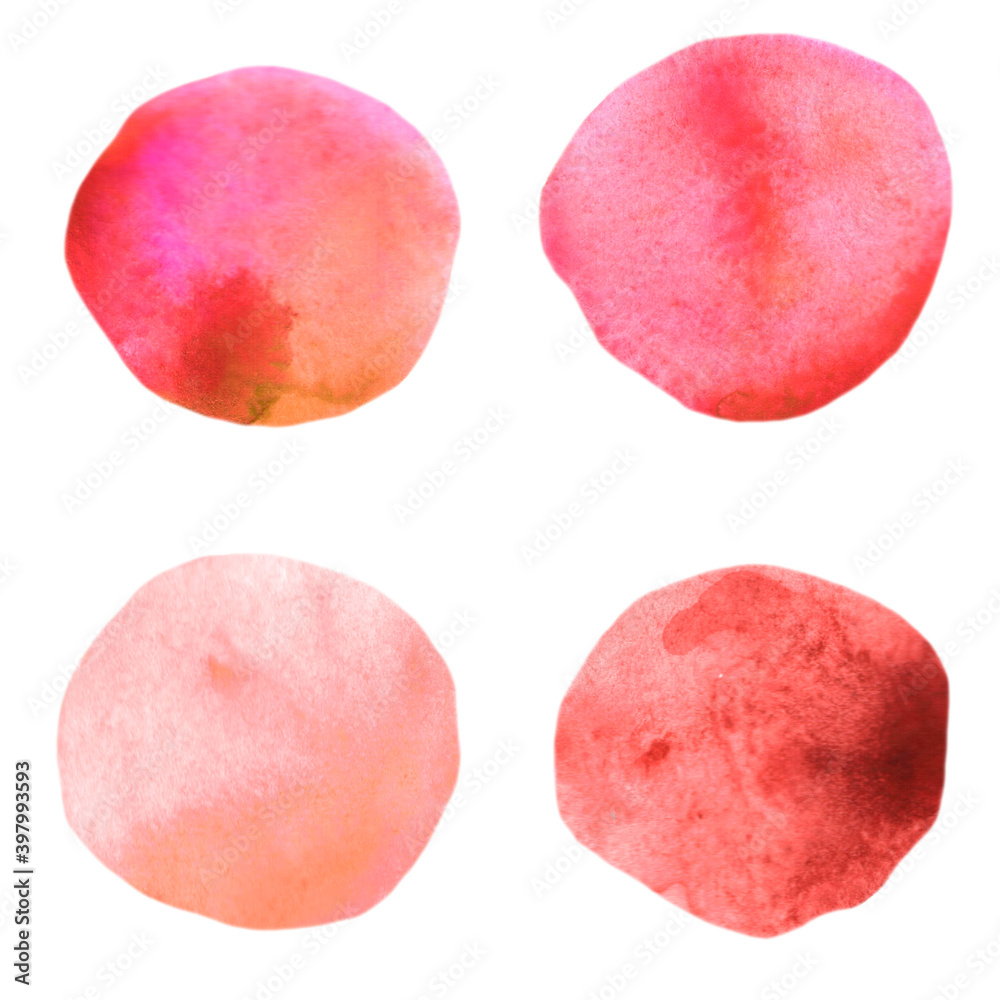 Set of light red pink watercolor spots isolated on white background. Hand drawn. Paint and brush. For card, text, logo, tag Set of light red pink watercolor spots isolated on white background. Hand drawn. Paint and brush. For card, text, logo, tag