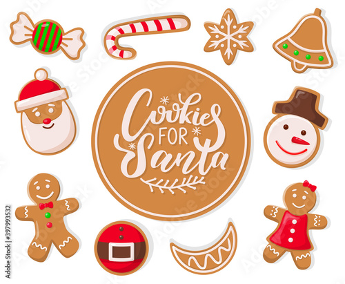 Cookie for Santa Claus candy lollipop with stripes stick vector. Snowflake and bell, gingerbread man, candy and snowman female in costume biscuits
