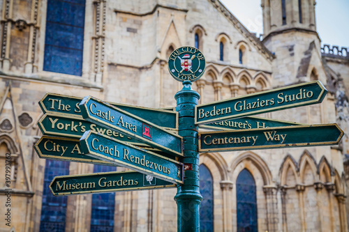 Signposts in front of York Minster,  Yorkshire,  United Kingdom