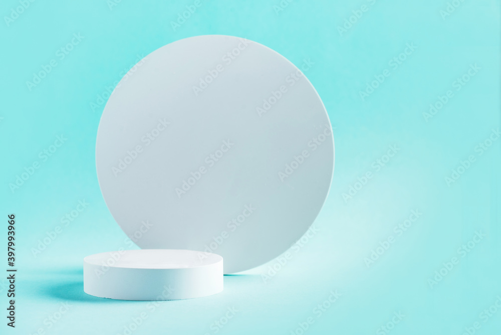 White geometric shapes podium for product display on blue background. Monochrome stage, stand for product promotion in minimal style. Copy space for your design. Banner White geometric shapes podium for product display on blue background. Monochrome stage, stand for product promotion in minimal style. Copy space for your design. Banner