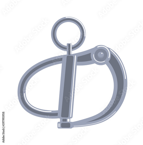 Chrome climbing carabiner connector on white background