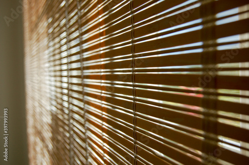 Selective focus shot of bamboo blinds