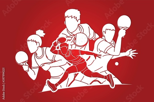 Group of Ping Pong players, Table Tennis players action cartoon sport graphic vector.