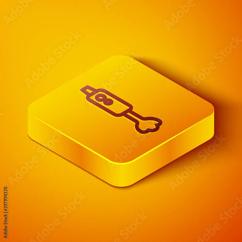 Isometric line Blender icon isolated on orange background. Kitchen electric stationary blender with bowl. Cooking smoothies, cocktail or juice. Yellow square button. Vector.