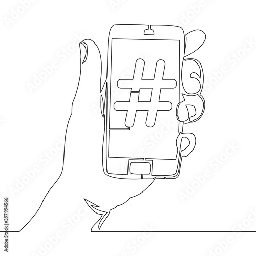 Continuous line Hashtag media influence concept