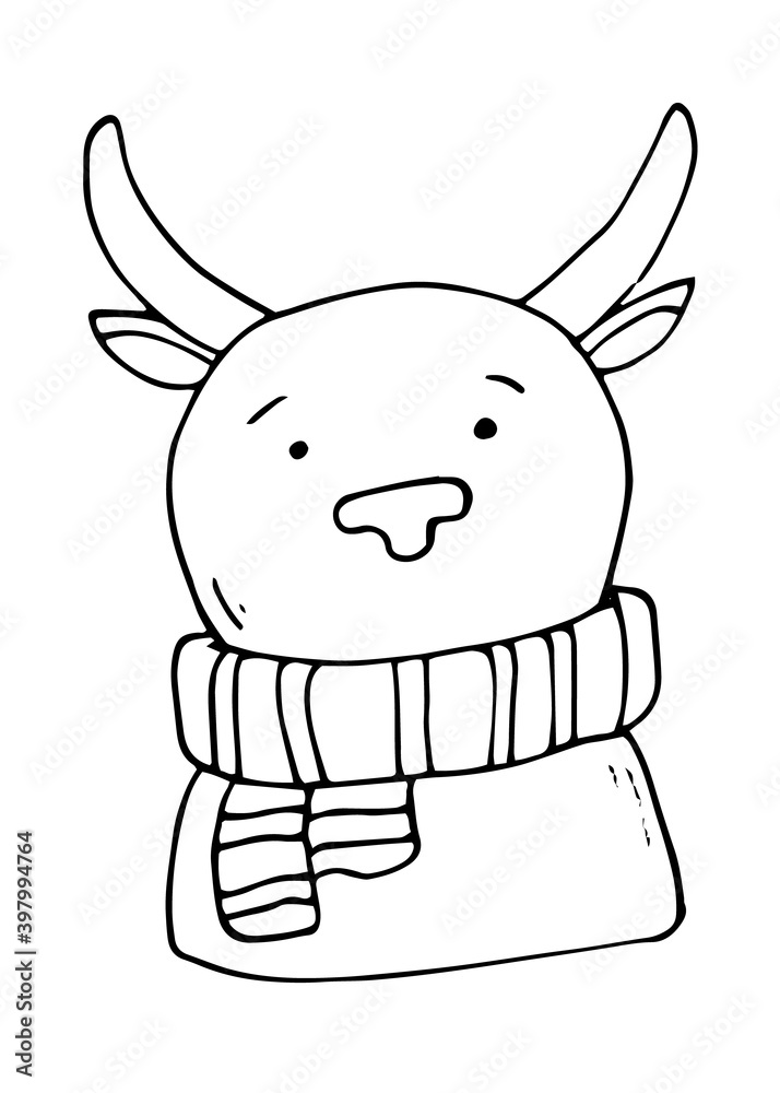 Bull with scarf. Vector outline illustration of animal.Xmas card. Happy new year 2021.