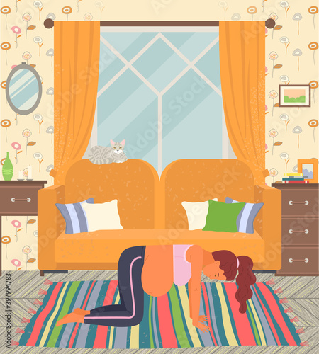 Gymnastic for pregnant woman. Pregnancy preparing flat illustration. Birth active position standing on all fours. Girl does prenatal exercises on the floor on carpet near couch in living room interior