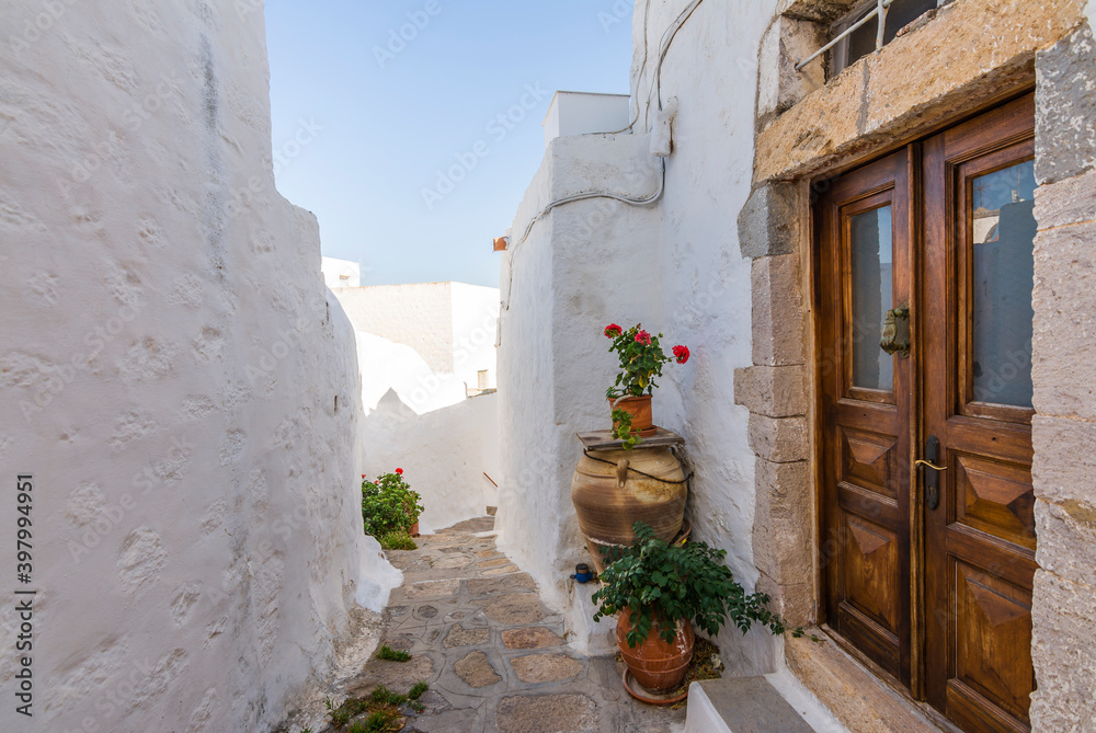 Colorful street of Chora Village in Patmos Island