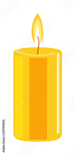 Yellow flaming xmas wax candle isolated on white background