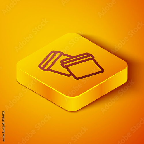 Isometric line Plastic bag with ziplock icon isolated on orange background. Yellow square button. Vector.