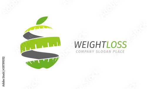 Fitness vector logo concept. Lose weight program. Stylized isolated green apple logotype template.