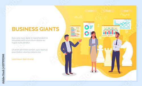 Business giants, top companies of the highest level. Office worker standing near big chess pieces, interview with top manager of successful company. Webpage modern concept of strategic planning