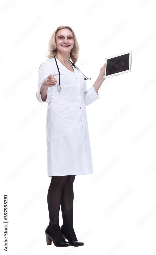 friendly female doctor with a digital tablet looking at you friendly female doctor with a digital tablet looking at you