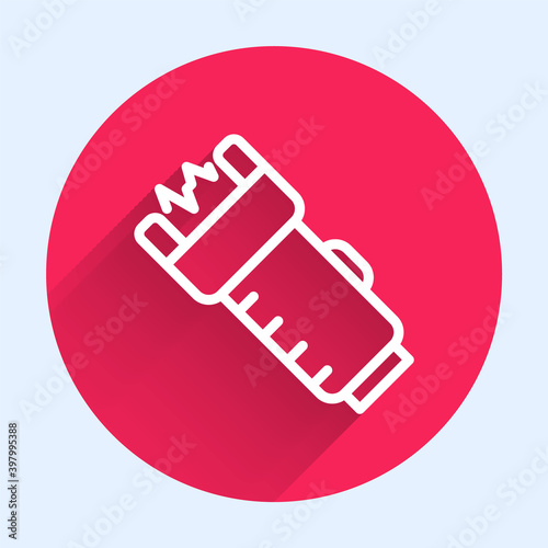 White line Police electric shocker icon isolated with long shadow. Shocker for protection. Taser is an electric weapon. Red circle button. Vector.