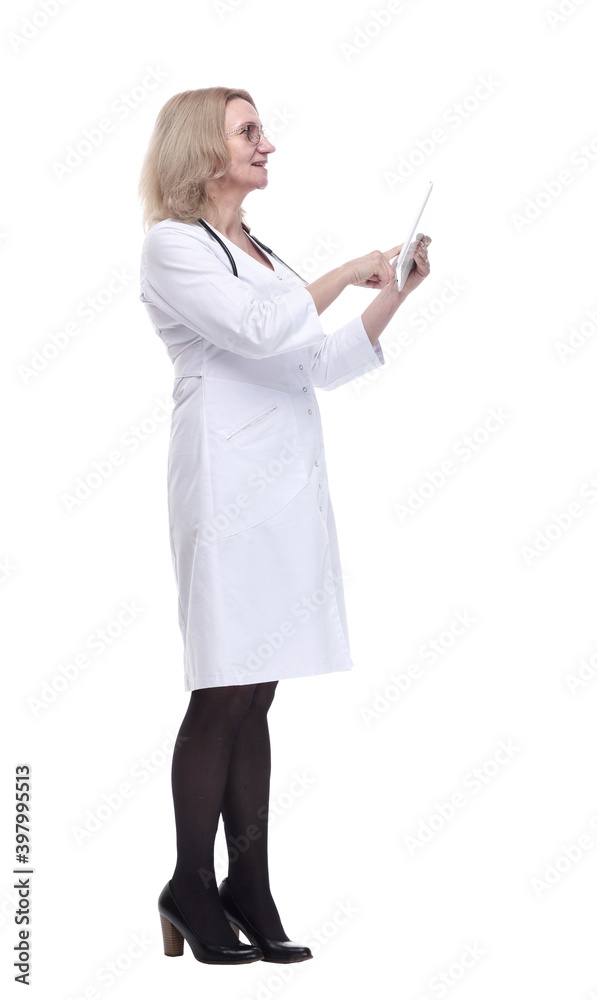 smiling woman doctor pointing at the screen of a digital tablet. smiling woman doctor pointing at the screen of a digital tablet.