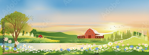 Spring landscape morning in village with wooden bann on hills,orang and blue sky, Vector Summer or Spring panorama view by the lake,Countryside with river,green field,wild flowers and sunset