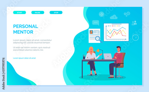 Personal mentor, experienced professionals help in personal development or business planning webpage template. Man and woman working on laptop. Male learning new material consulting with coach