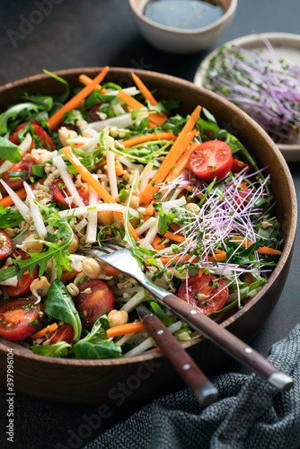 Winter Salad made with vegetables and sprouted chickpeas and buckwheat