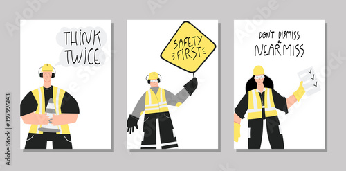 Collection of hand drawn posters with lettering about health and safety on production and construction industries. Set of posters - safety first, stay safe, live safe, think twice. Safety first quotes