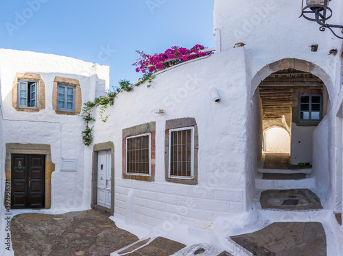 Colorful street of Chora Village in Patmos Island photo