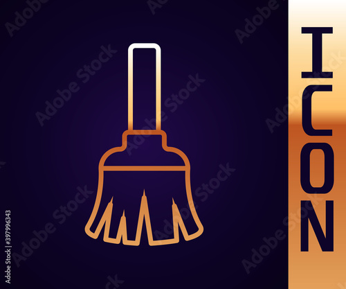 Gold line Feather broom for cleaning icon isolated on black background. Feather duster. Vector.