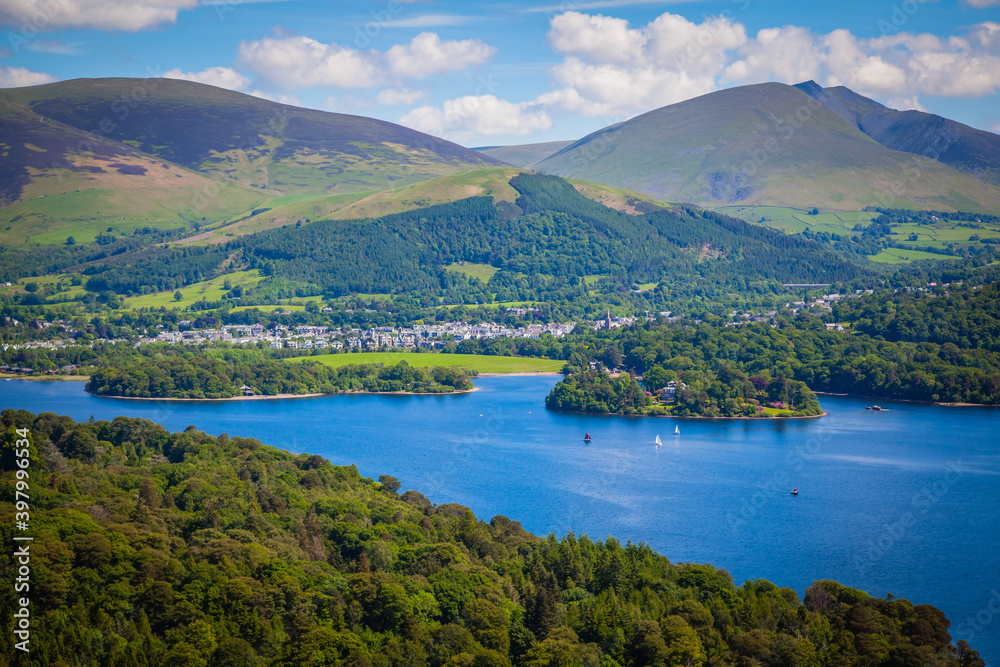 Hills around the small town of Keswick at Derwentwater,  Lake district,  Cumbria,  United Kingdom