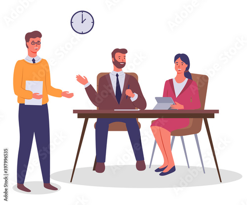Business meeting and consideration of working issues. Office workers discussing matters. Businessmen dressed in formal clothes in the modern office interior sitting at a table. Friendly team work